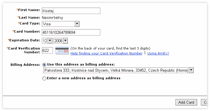 PayPal - informace o platební kartě